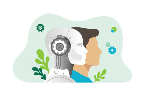 Artificial Intelligence concept. Vector cartoon illustration in a flat style of a robot and human head in profile generates various tasks. Isolated on abstract background