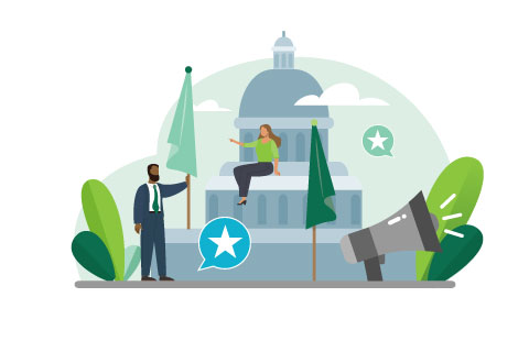 Government PR set. Political party or political institutions public administration and promotion. Positive relationship with electorate building. Flat vector illustration