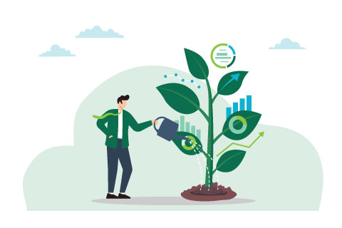 Growing business opportunities, nurturing insights, fostering economic growth concept vector illustration. Analyst watering plant with data leaves