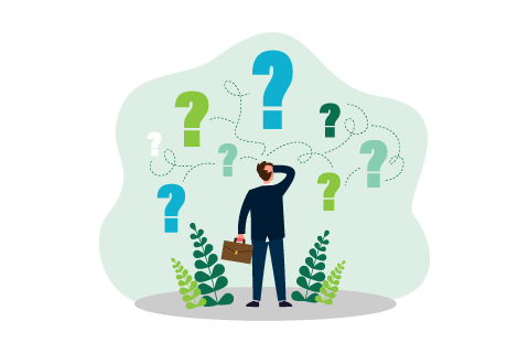 Pensive man standing and making business decision isolated flat vector illustration. Cartoon businessman choosing work strategy for success. Questions dilemma and options confusion concept