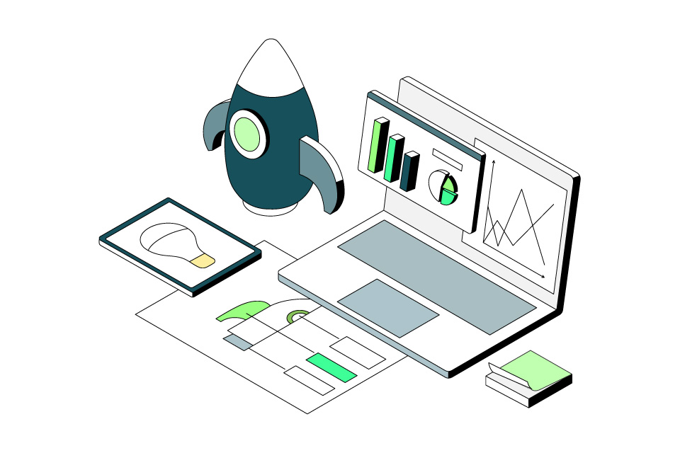 Growth, rocket, laptop featuring bar charts and pie charts next to post it notes